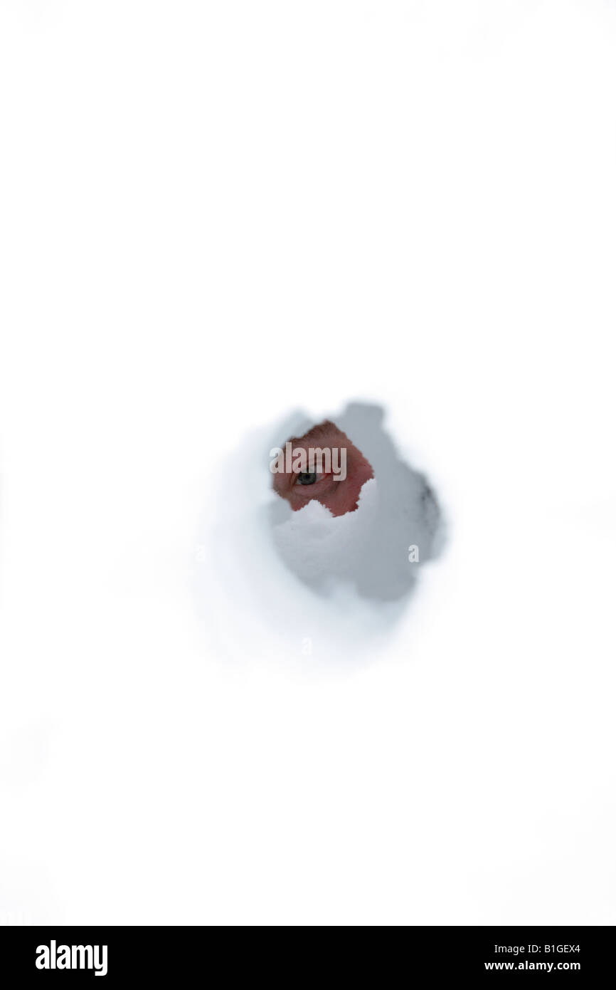 L'œil de l'homme à travers l'orifice du banc de Banque D'Images