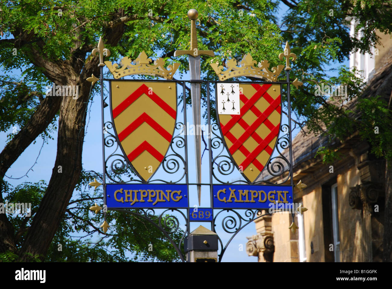 Chipping Campden town signe, High Street, Chipping Campden, Cotswolds, Gloucestershire, Angleterre, Royaume-Uni Banque D'Images