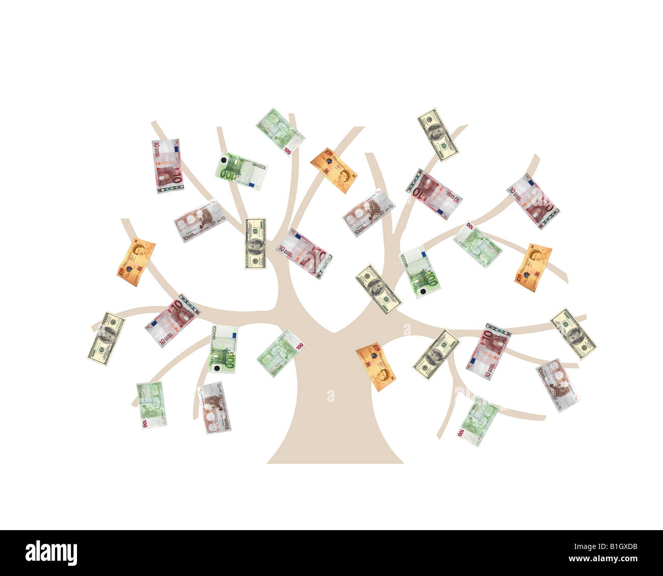 Arbre d'argent. Illustration de l'arbre conceptuel avec différentes devises : USD, Euro, Livres GB Banque D'Images