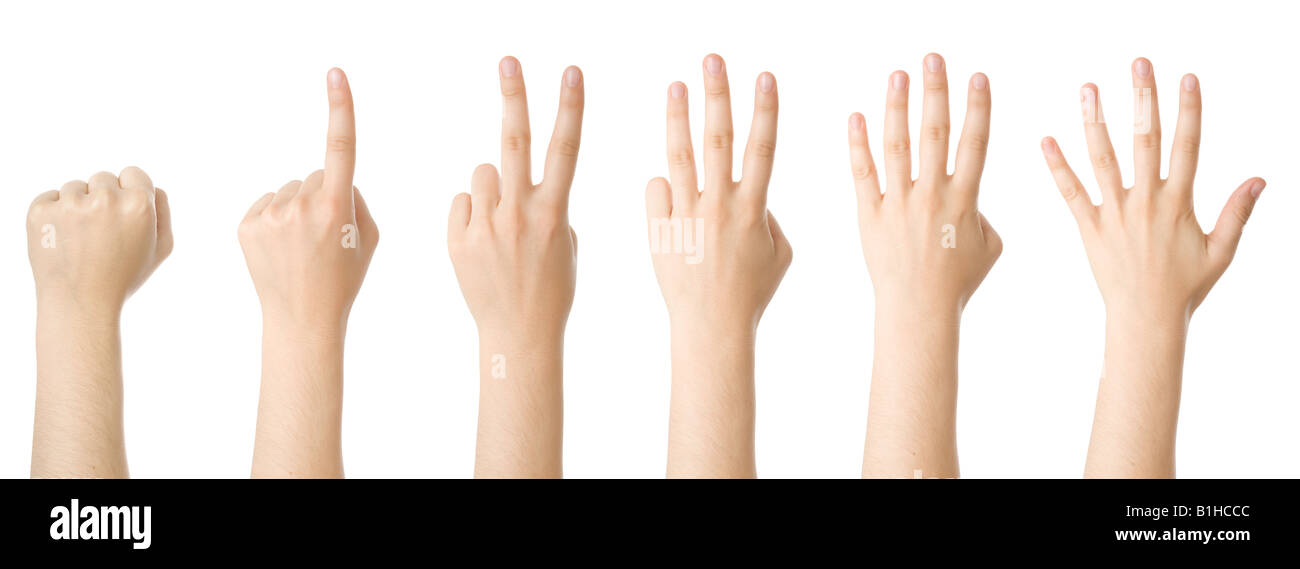 Jeu de mains rendant les chiffres de 0 à 5 Banque D'Images