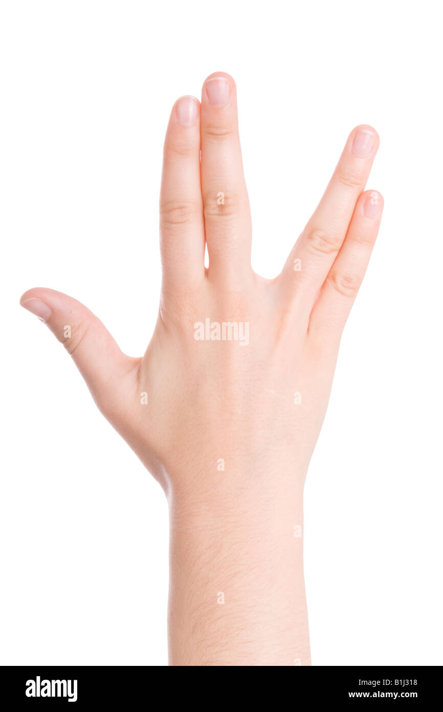 Geste de la main pour le salut Vulcain - M. Spock célèbre geste de la série Star Trek Banque D'Images