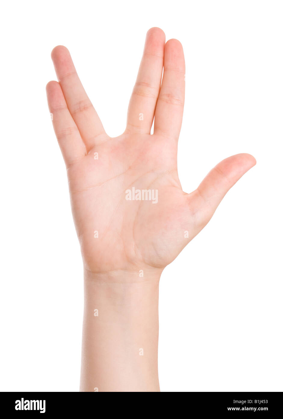 Geste de la main pour le salut Vulcain - M. Spock célèbre geste de la série Star Trek Banque D'Images