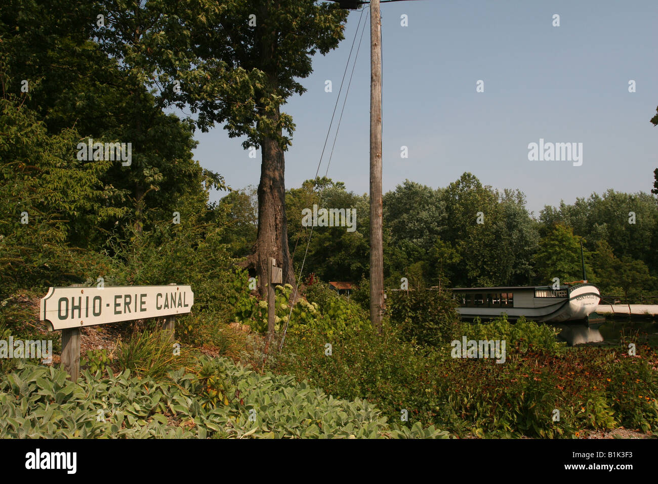 Ohio Canal Érié signe à l'Île-Rousse 3 Canal Boat sur le canal Érié Ohio Ohio Coshocton Banque D'Images