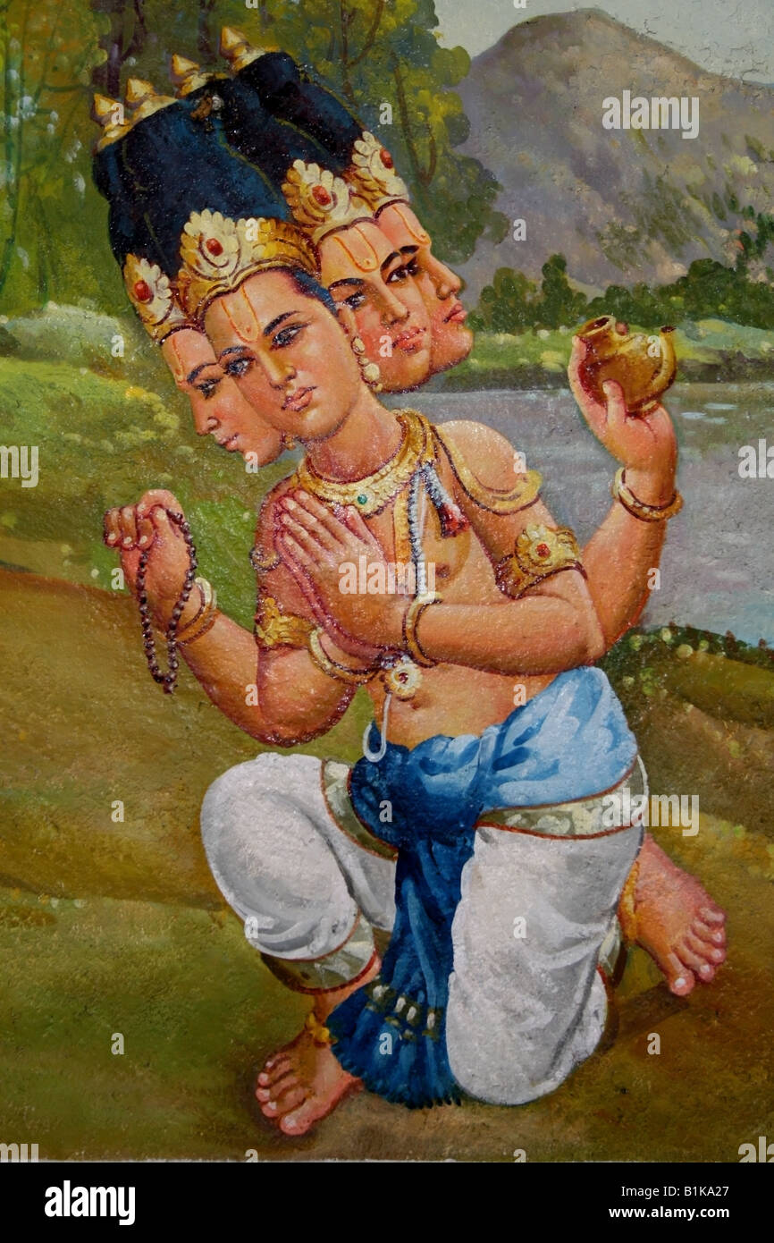 Peinture murale du dieu hindou Brahma avec quatre têtes de plafond de l'Arunachaleswara Tiruvanamalai , Temple , Tamil Nadu , Inde Banque D'Images