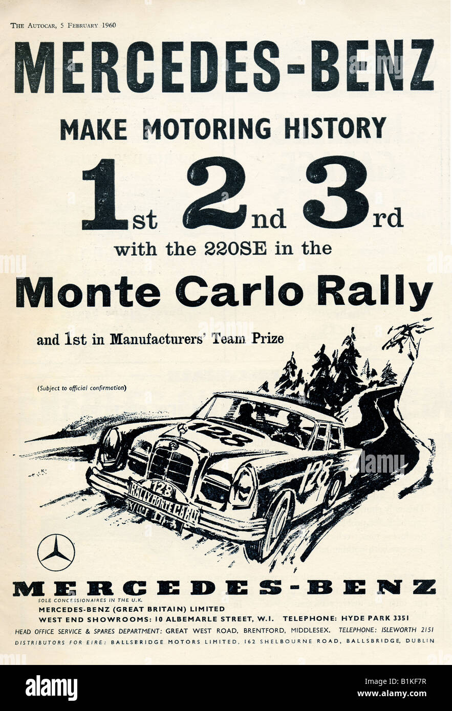 1960 Publicité pour Mercedes-Benz 220e succès dans le Rallye de Monte Carlo pour un usage éditorial uniquement Banque D'Images