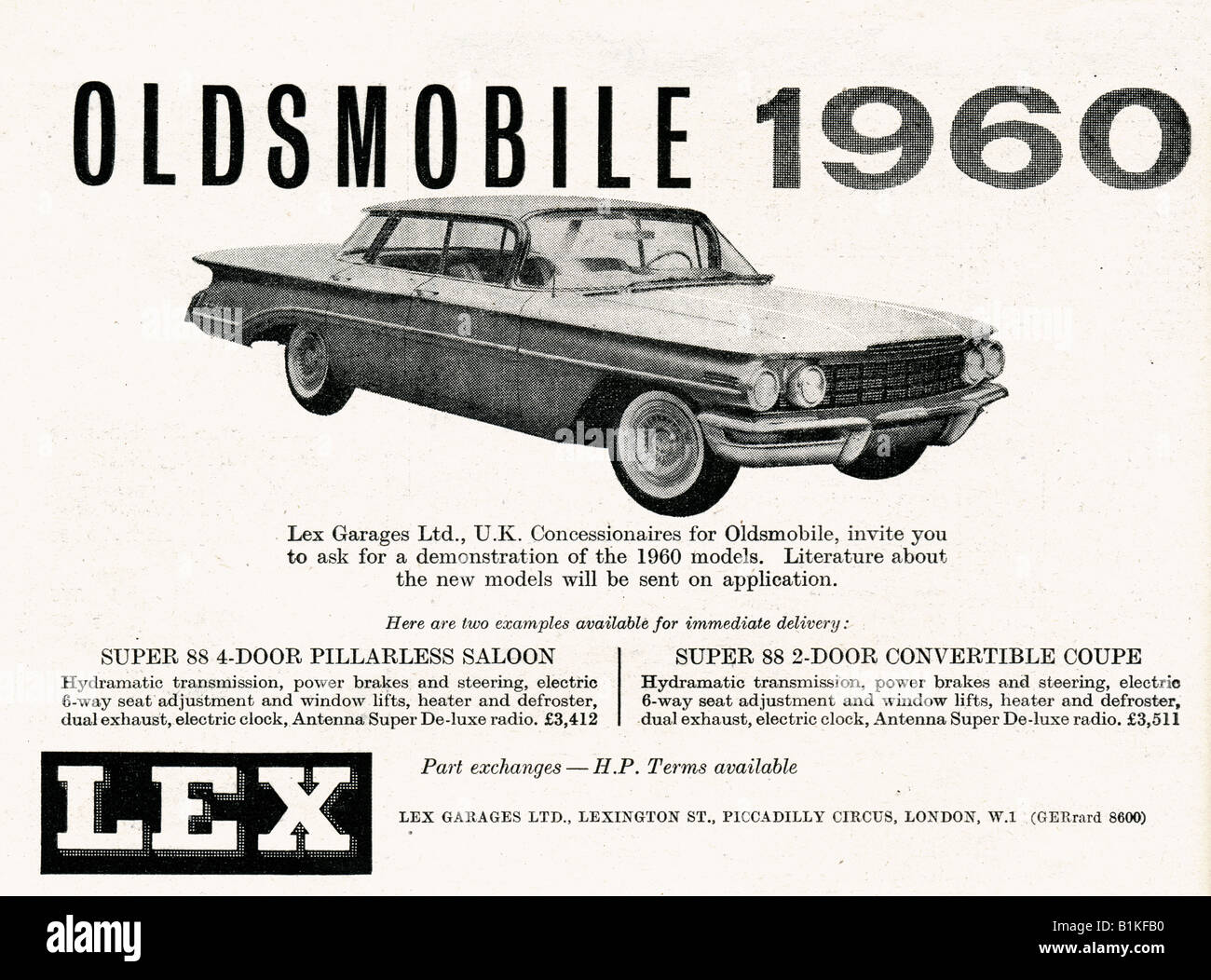1960 Oldsmobile publicité pour American Motor Cars de Lex Garages Londres pour un usage éditorial uniquement Banque D'Images