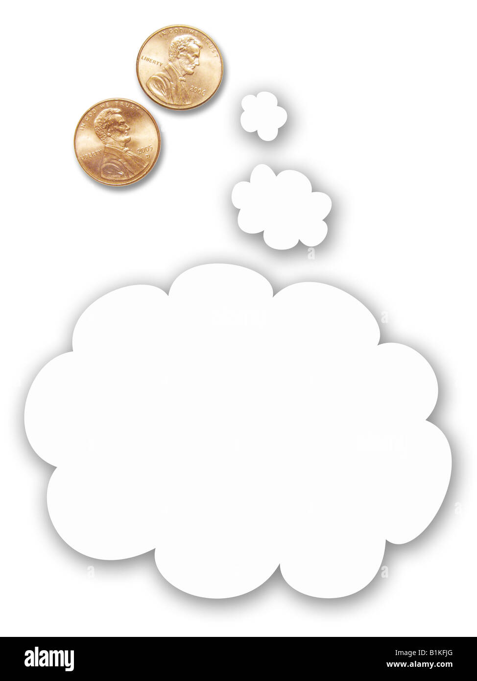 Nous deux pennies (tête en haut) avec la pensée cartoon ballon pour copier, orientation verticale Banque D'Images