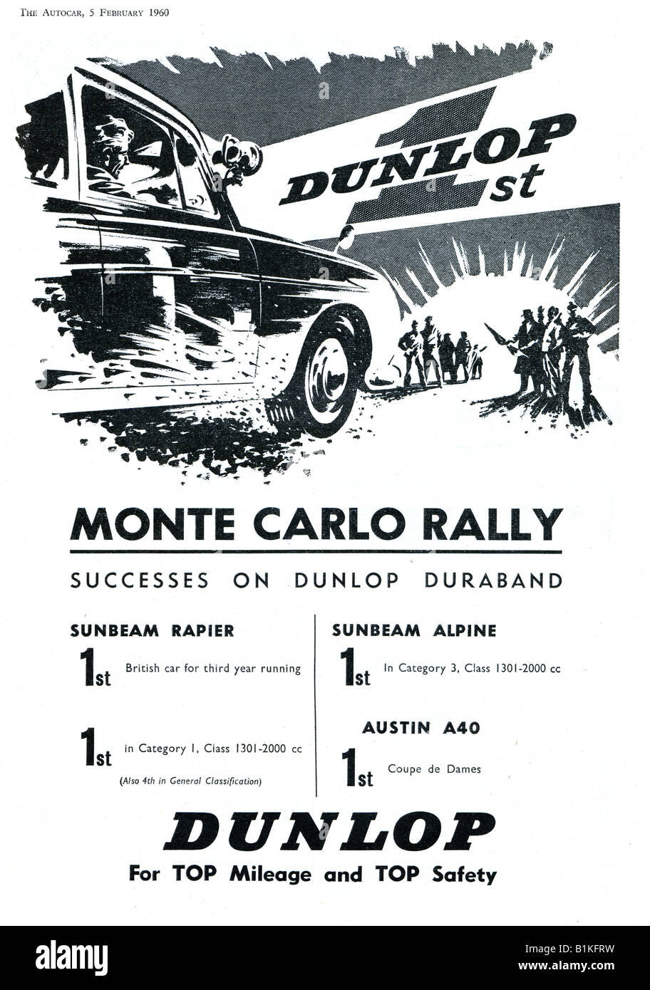 1960 publicité pour les pneus pneus Dunlop succès dans le Rallye Monte-Carlo 1960 Rallye pour un usage éditorial uniquement Banque D'Images