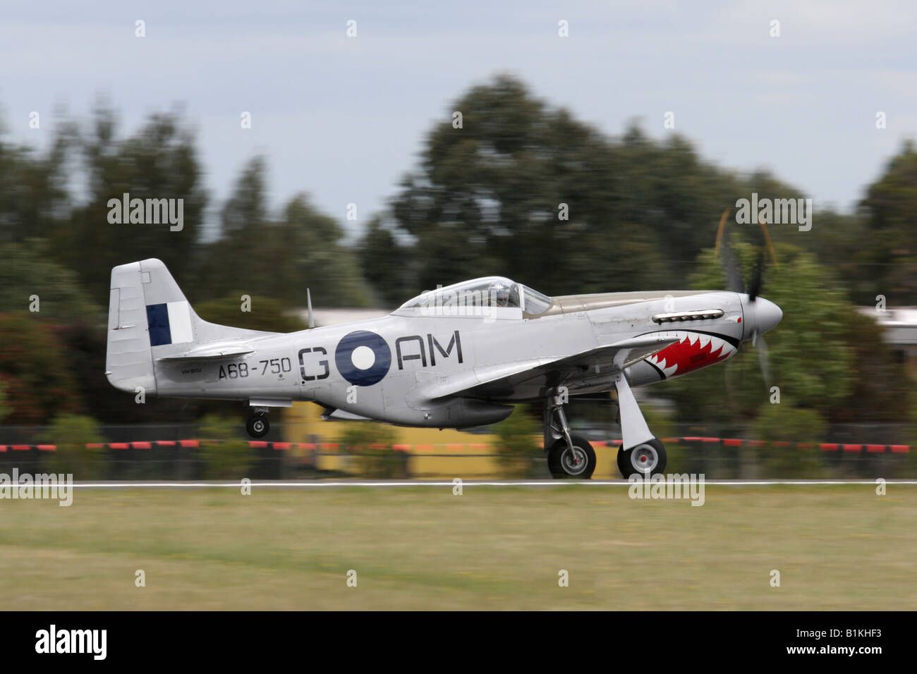 P-51 Mustang vintage World War 2 avion de chasse dans la Royal Australian Air Force en couleurs. Vue de côté avec le motion blur pour l'impression de vitesse. Banque D'Images