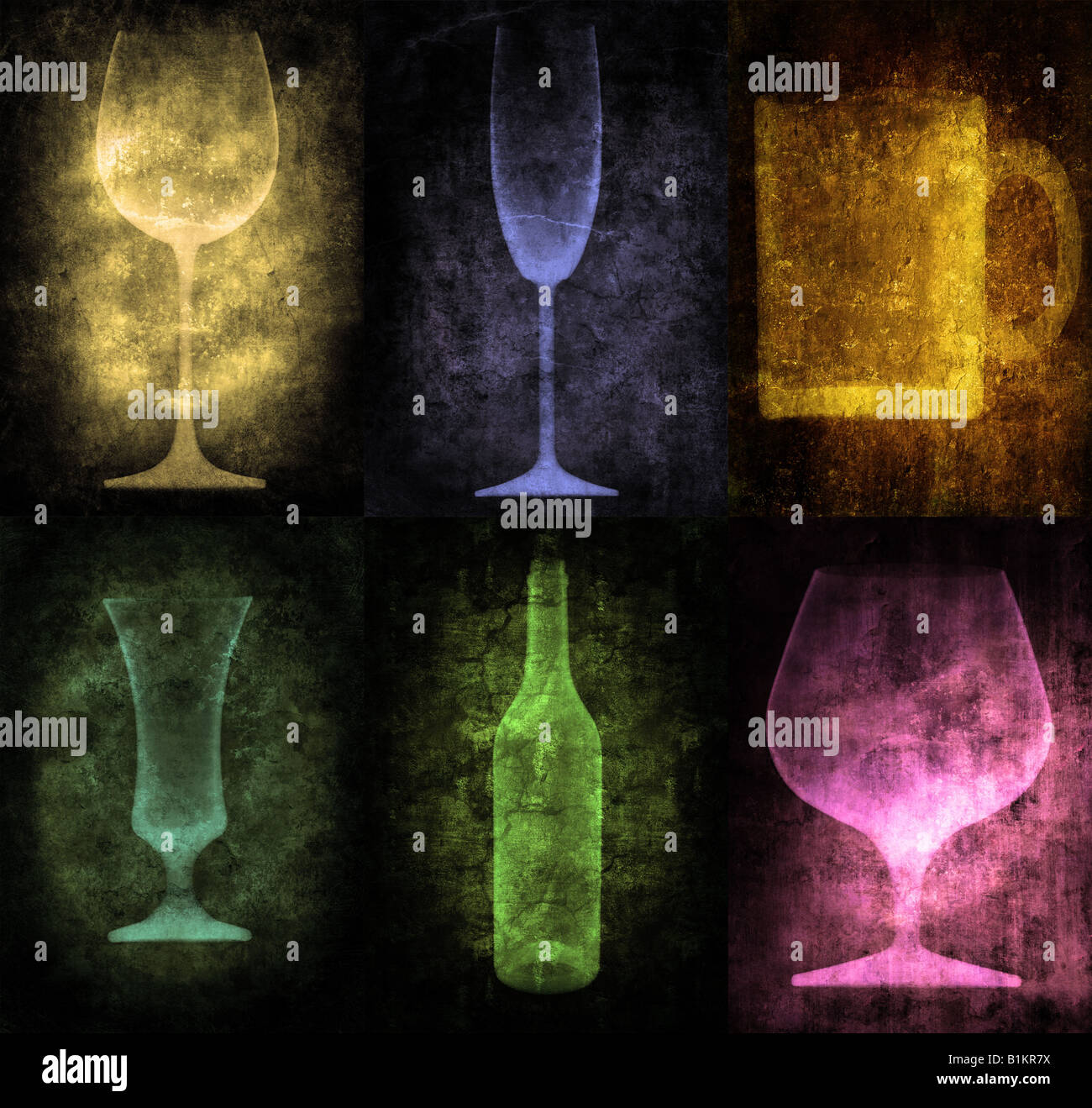 Grunge illustration avec une bouteille et des verres, stylisé vintage Banque D'Images