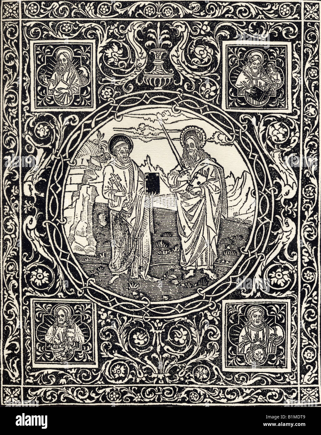 Fac-similé de la page de titre de la conception d'Arabesque avec les figures pleine longueur des saints Pierre et Paul. Banque D'Images