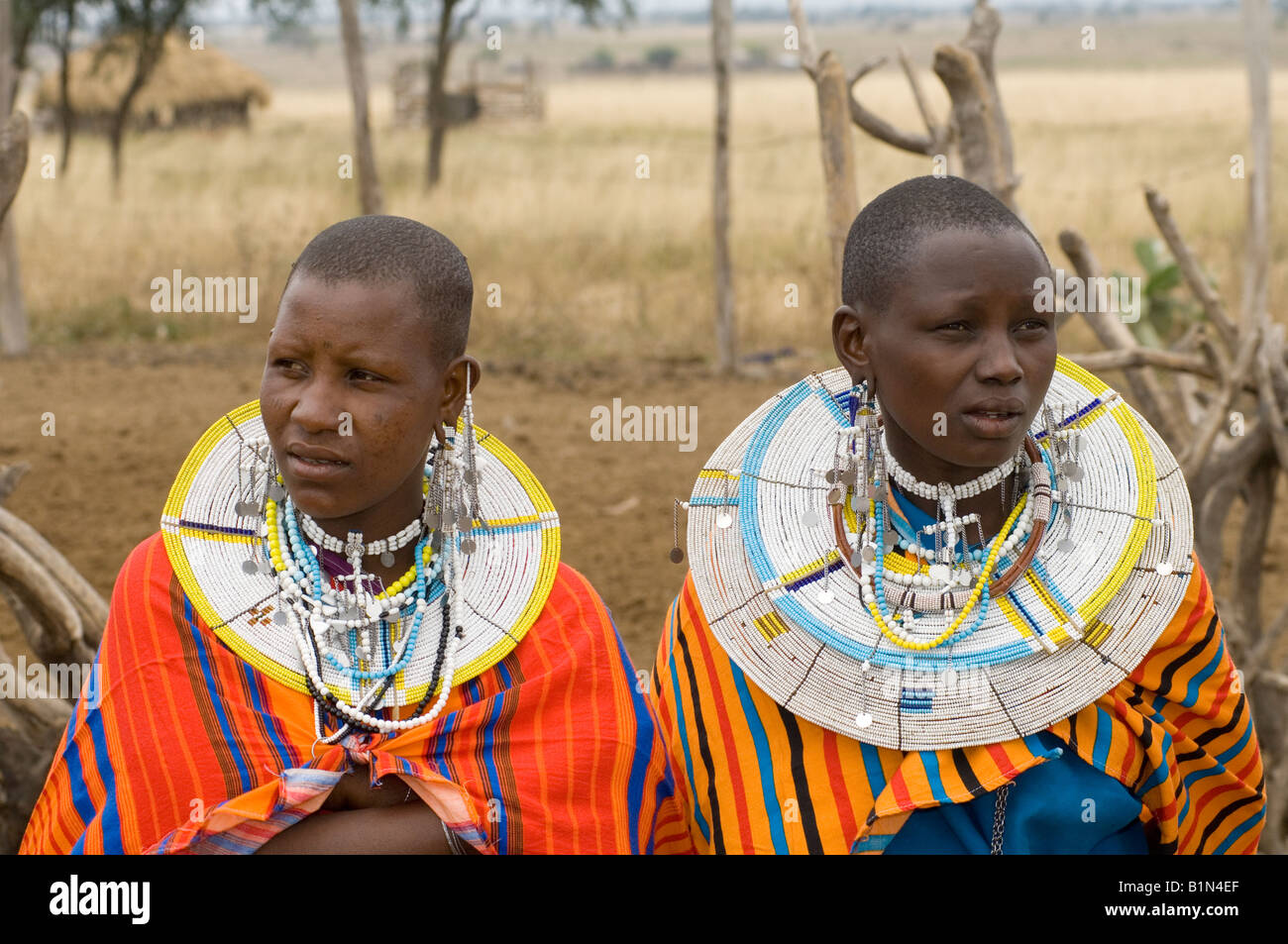Les femmes masaï portant des colliers de perles de verre traditionnelle, Tanzanie Banque D'Images