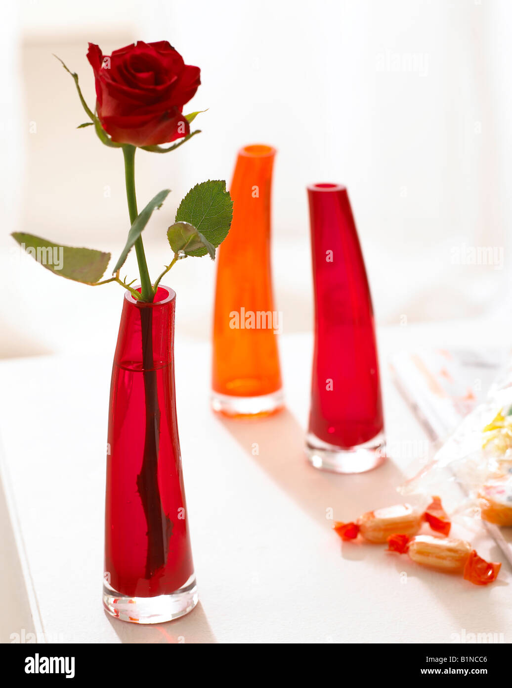 Vases en verre orange et rouge avec fleur rose unique Banque D'Images