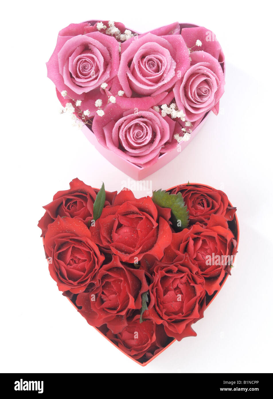 Boîtes en forme de coeur avec des fleurs rose rouge et rose Banque D'Images