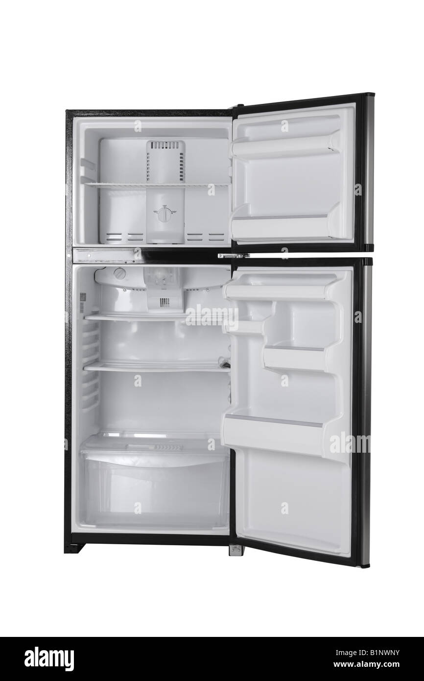 Ouvrir réfrigérateur découper sur fond blanc Banque D'Images