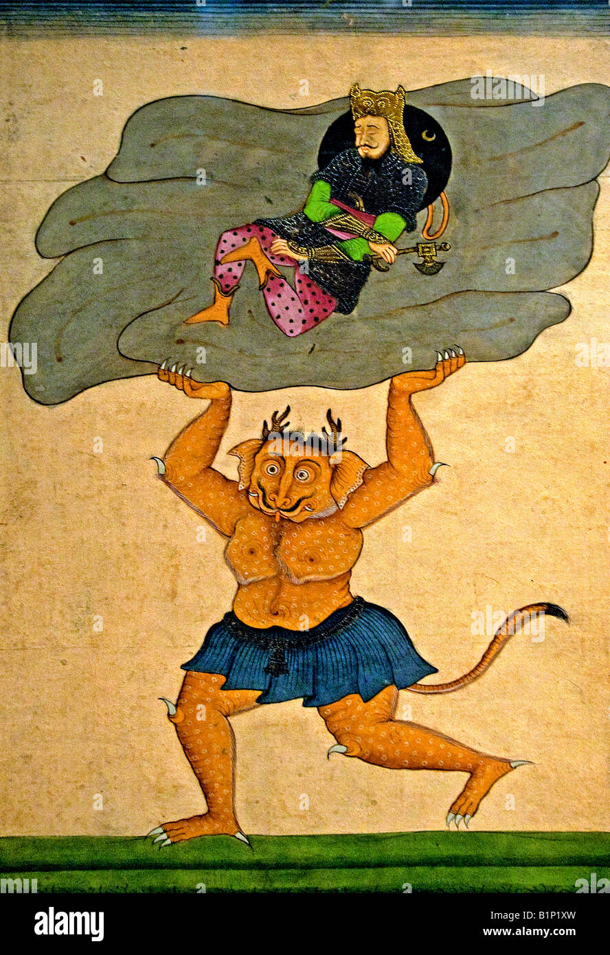 Rustam démon Akvan Moghol Inde Perse du 19ème siècle Shahnameh Banque D'Images