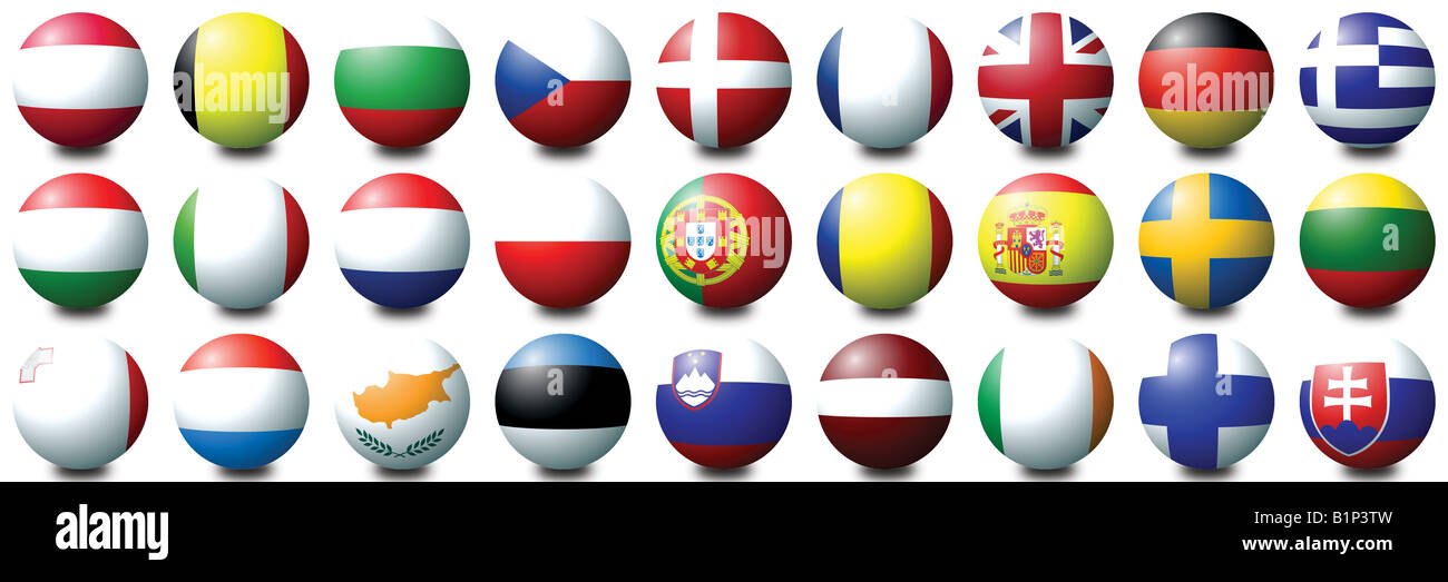 27 boules de couleur représentant les 27 nations de l'Union européenne Banque D'Images