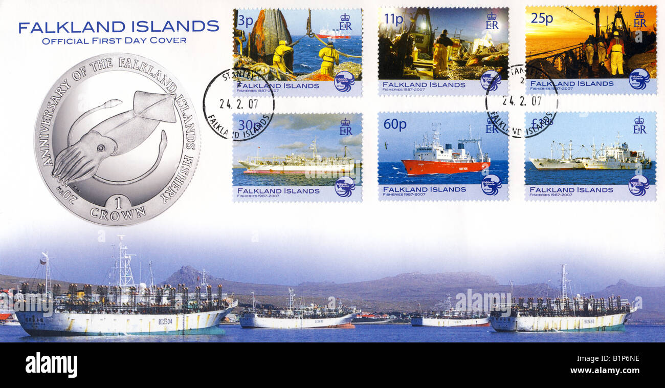 Îles Falkland 1er jour couvrir - Pêche 1987 à 2007 Banque D'Images