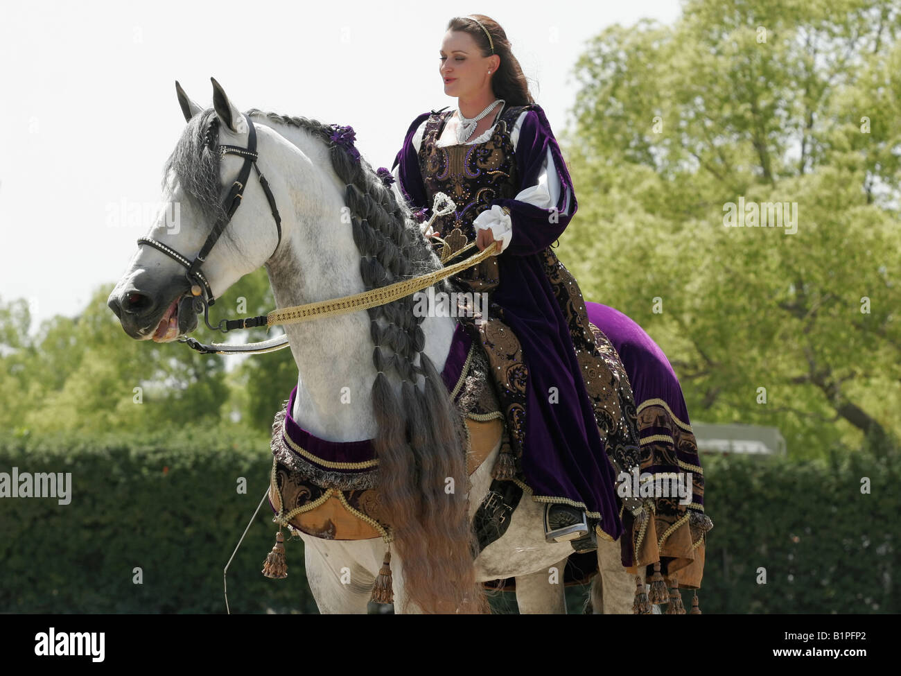 Jeune fille et son cheval vêtu d'un costume médiéval Banque D'Images