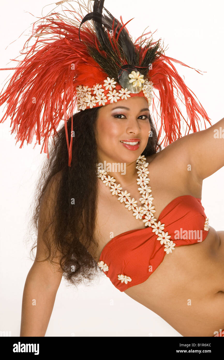 Islander woman danse tahitienne coiffe de plumes Banque D'Images