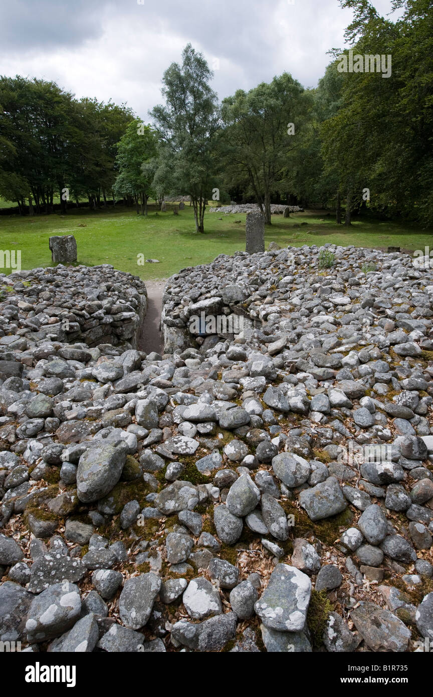 Clava Cairns chambres funéraires et pierres. Nairnshire, en Écosse. Sépulture préhistorique de Bulnuaran de Clava Cairns Banque D'Images