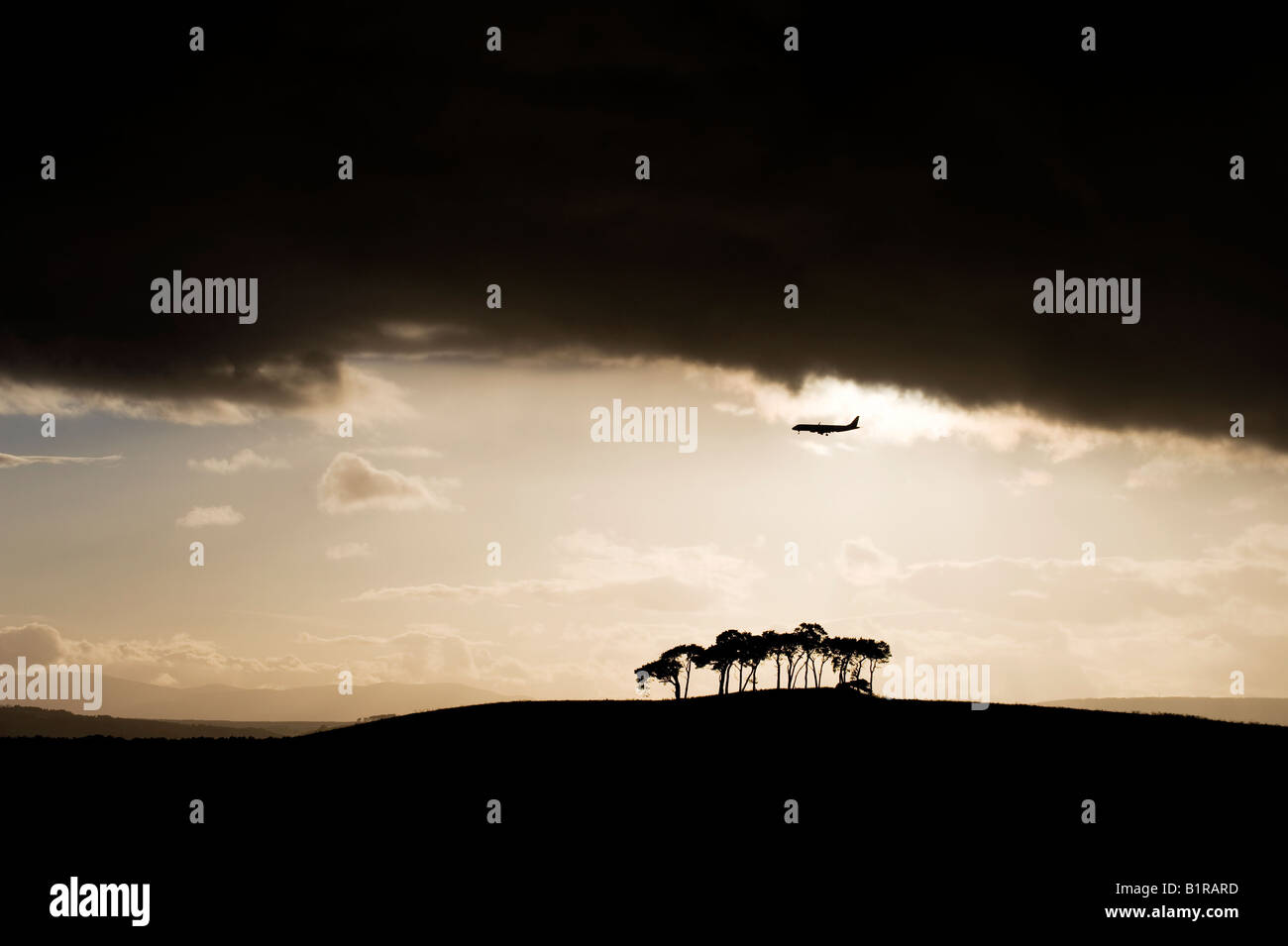 Stormy sunset arbres et avion. Nairnshire, Ecosse Banque D'Images