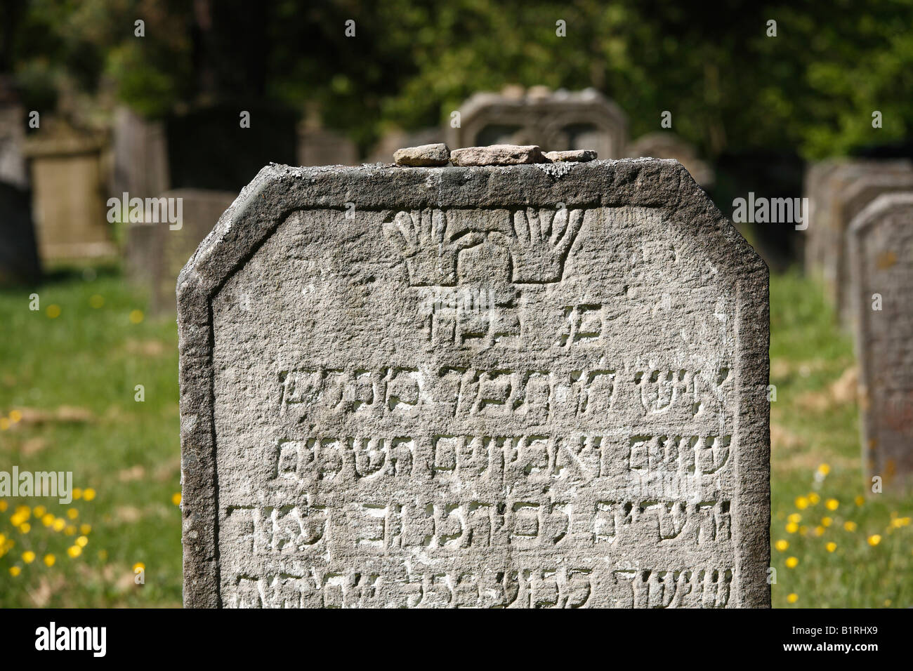 Pierre tombale d'un prêtre avec mains bénédiction dans le cimetière juif sur Judenhuegel Kleinbardorf d'endroit, près de la colline, a Sulzfeld Banque D'Images