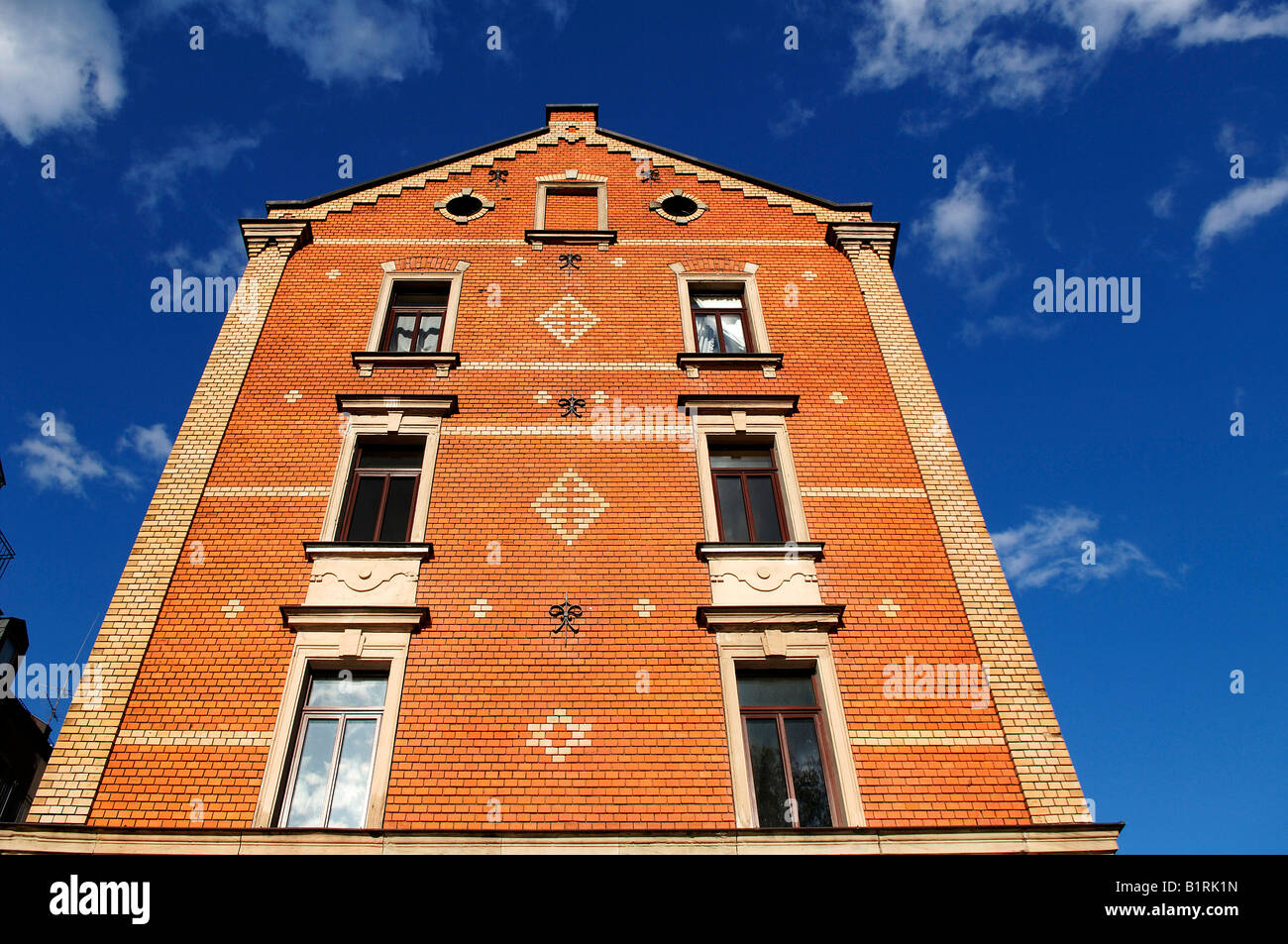 Façade rénovée d'un ancien bâtiment en brique, Fürth, Middle Franconia, Bavaria, Germany, Europe Banque D'Images