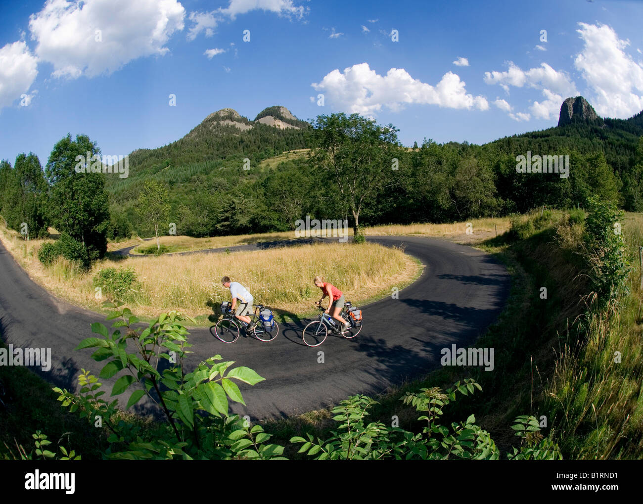 Les motards, Route des sucs, le Mont Gerbier de jonc, Ardèche, France Banque D'Images