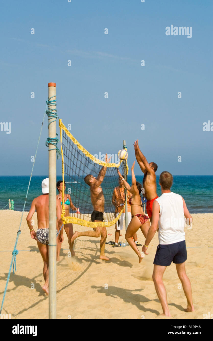 Close up vertical de personnes près du filet lors d'une partie de beach-volley sur une journée ensoleillée Banque D'Images