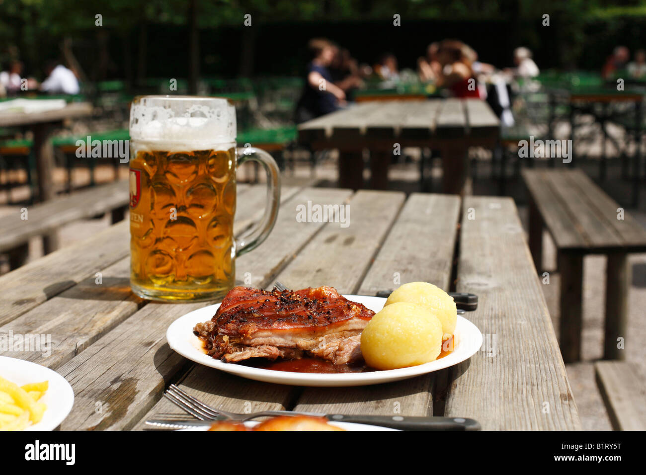 Cochon de lait avec des boulettes et une masse de bière servi dans un jardin de bière dans Taxisgarten, Munich, Bavaria, Germany, Europe Banque D'Images