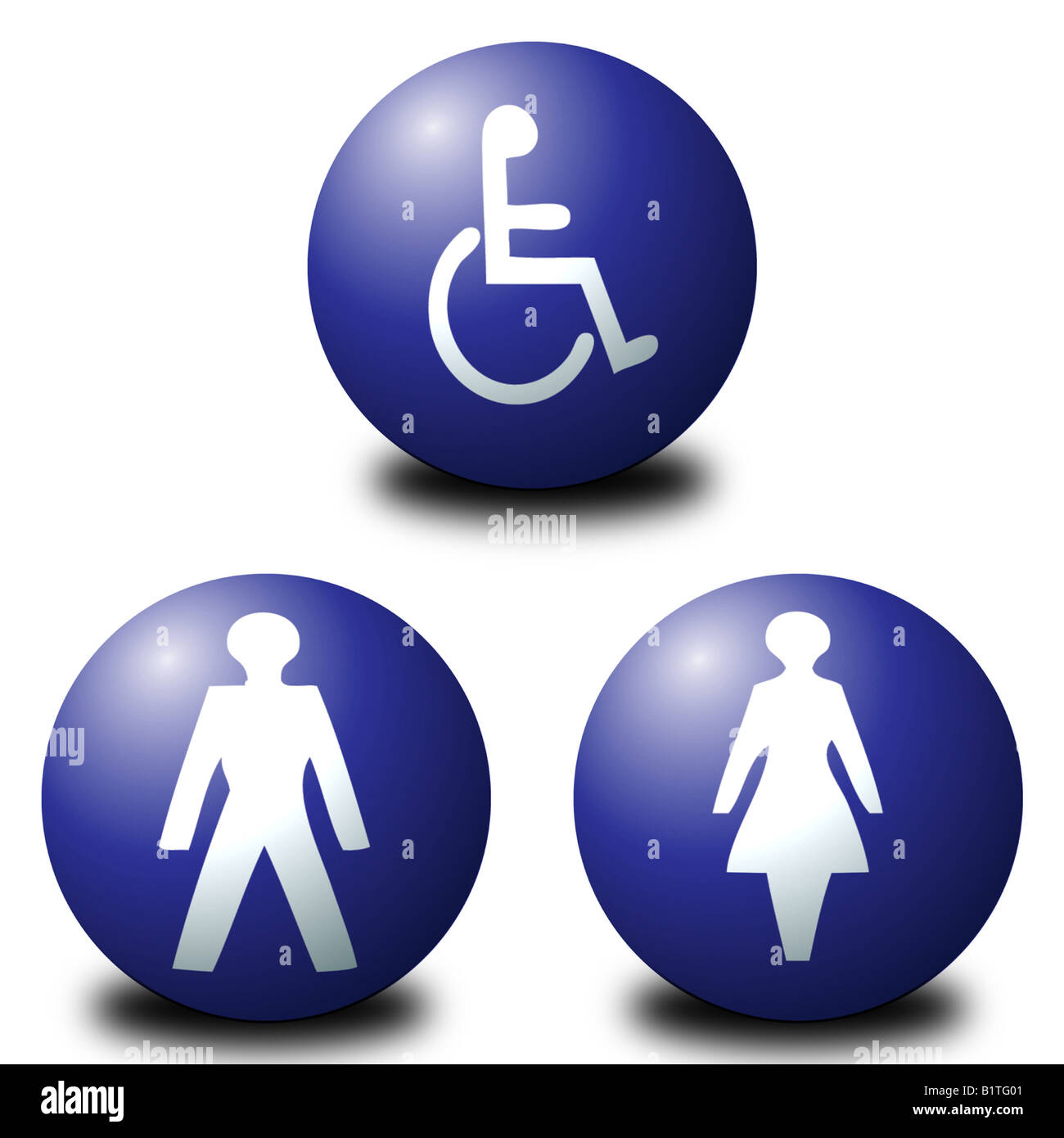 Signes toilettes sphérique 3D y compris les hommes les femmes et les personnes handicapées Banque D'Images