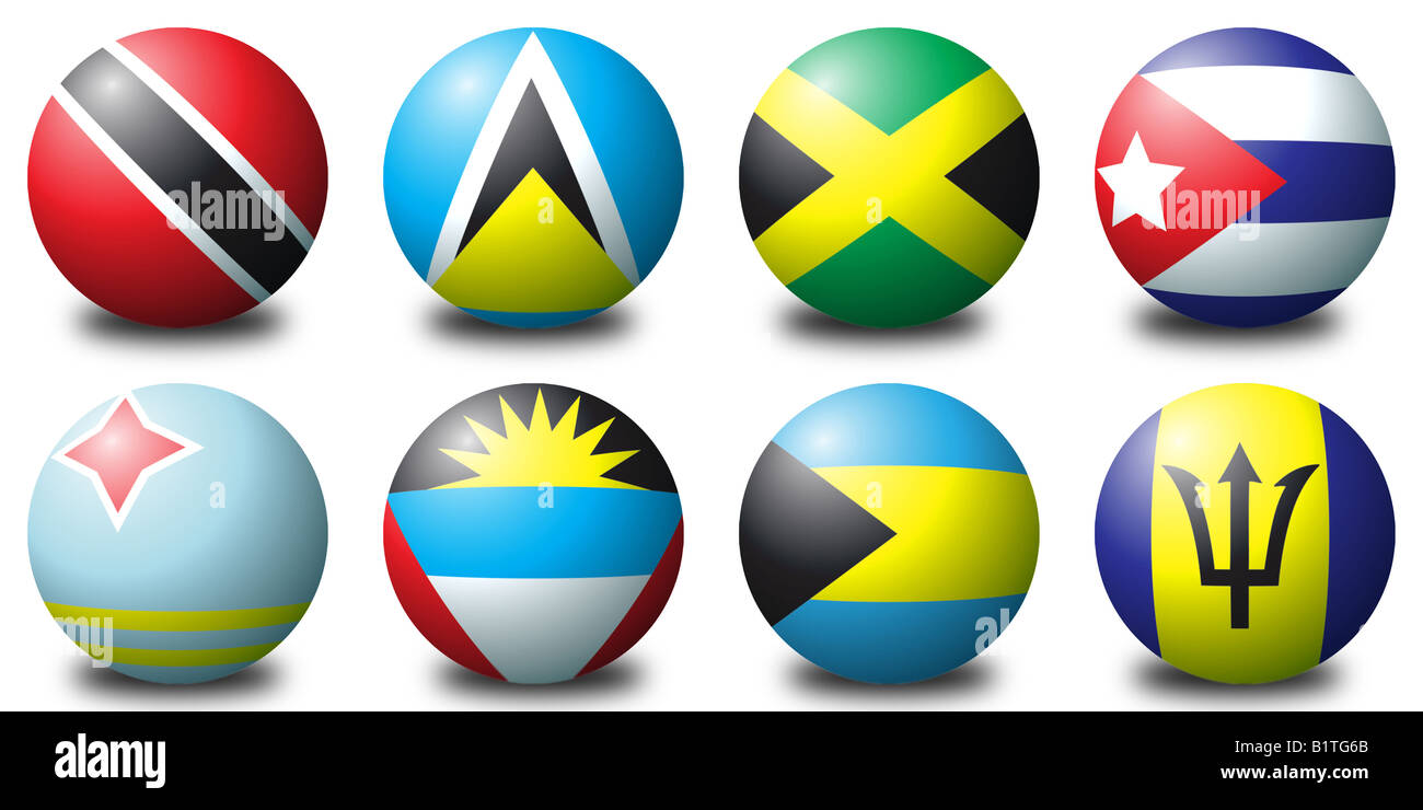 Sphérique 3D drapeaux représentant les pays des Caraïbes Banque D'Images