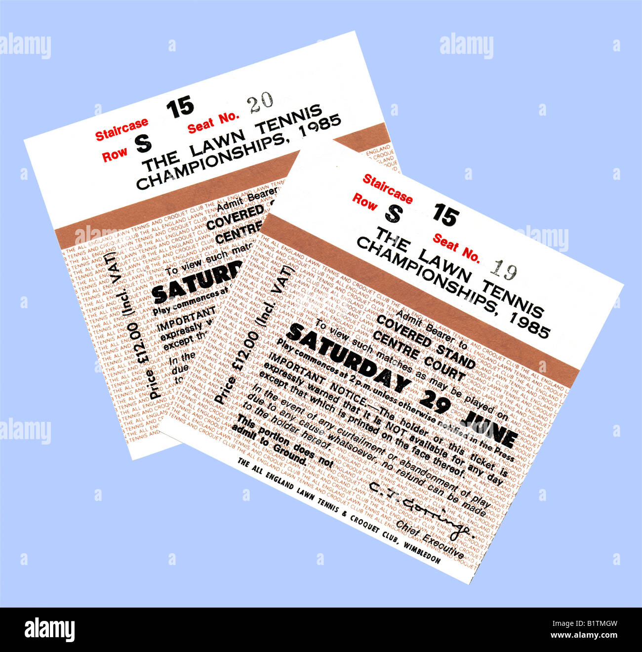 Championnats de tennis de Wimbledon Centre Court talons de billets Samedi 29 Juin 1985 pour un usage éditorial uniquement Banque D'Images