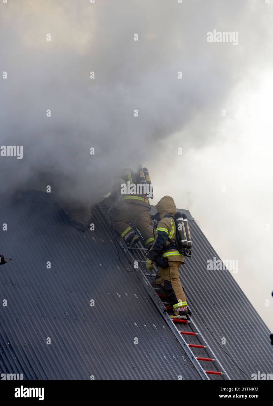 Les pompiers sur le toit , Reykjavik Islande Banque D'Images
