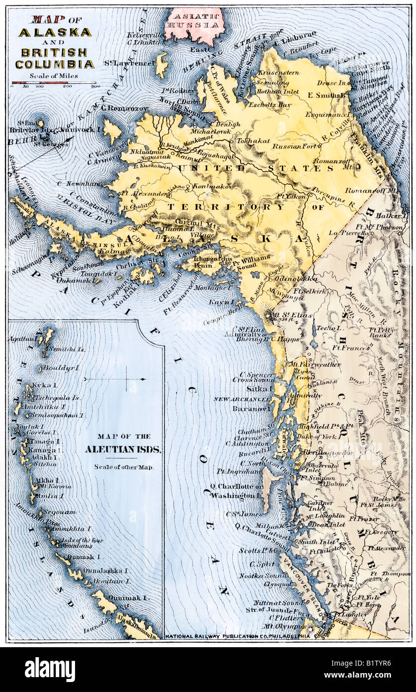 Site de l'Alaska, les îles Aléoutiennes, et une partie de la Colombie-Britannique, 1872. À la main, gravure sur bois Banque D'Images