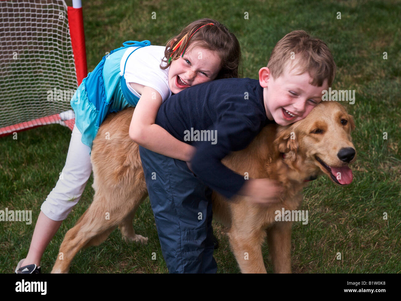 Les enfants jouent avec leur chien Banque D'Images