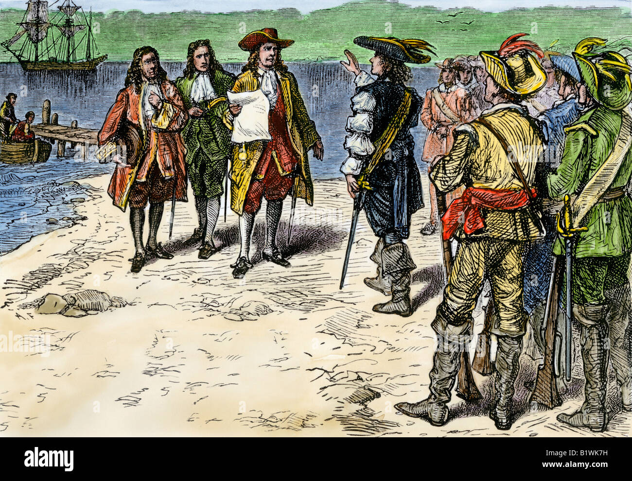 Gouverneur Edmund Andros arrivant à Old Saybrook pour prendre le contrôle du Connecticut colony 1687. À la main, gravure sur bois Banque D'Images