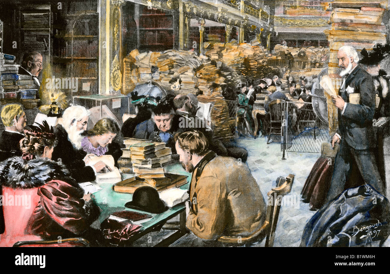 Ancienne Bibliothèque du Congrès montrant sa condition congestionnées des années 1890. La main, d'une illustration de demi-teinte Banque D'Images