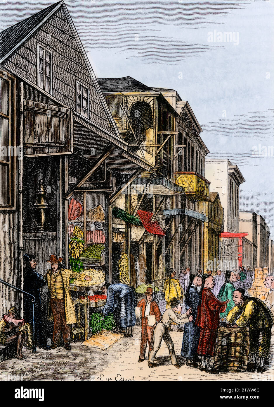La rue animée Chinatown à San Francisco 1880. À la main, gravure sur bois Banque D'Images