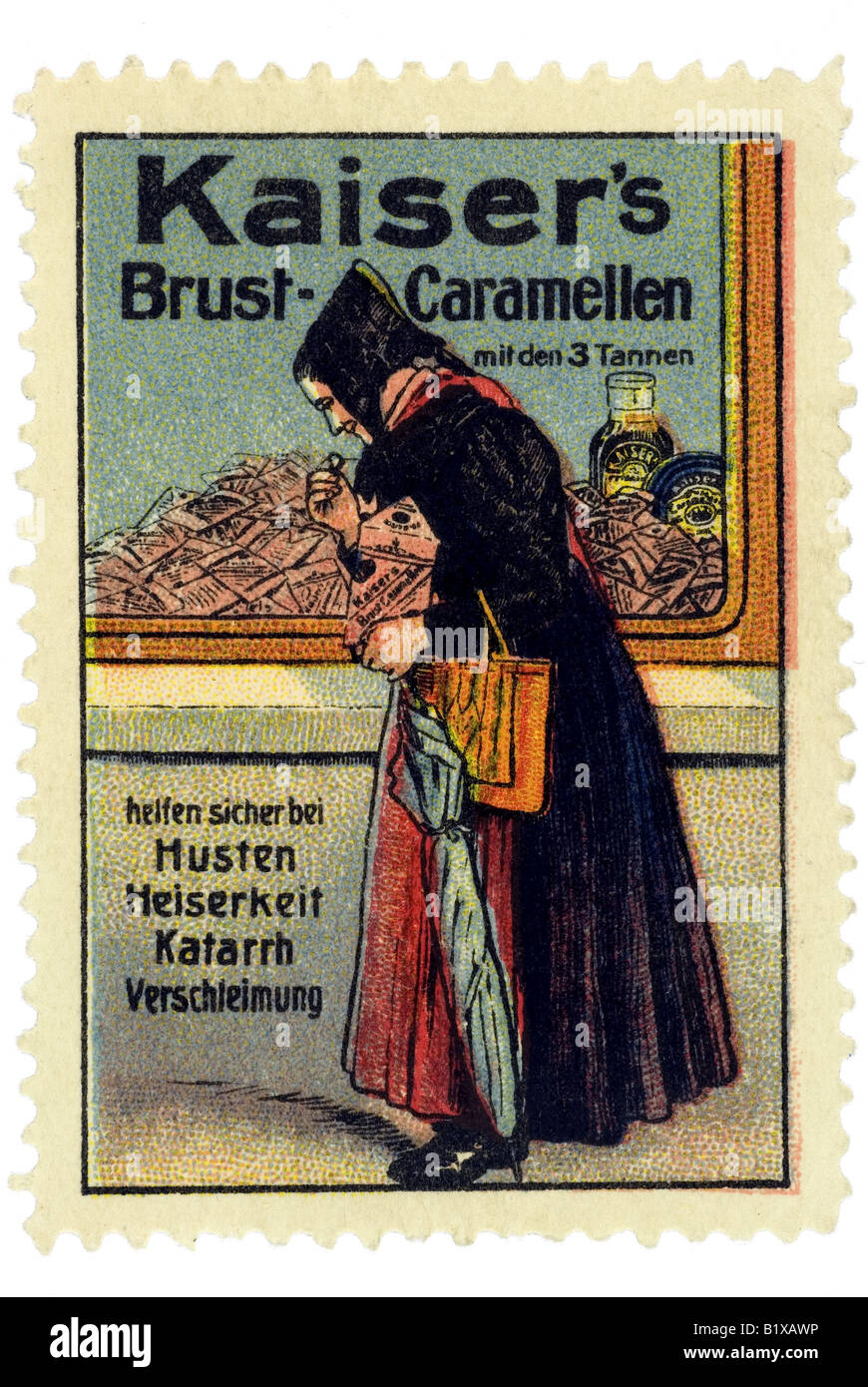 Trading stamp sweets Kaiser s Caramellen Brust mit den 3 Tannen helfen sicher bei C. Husten Heiserkeit Katarrh Verschleimung Banque D'Images