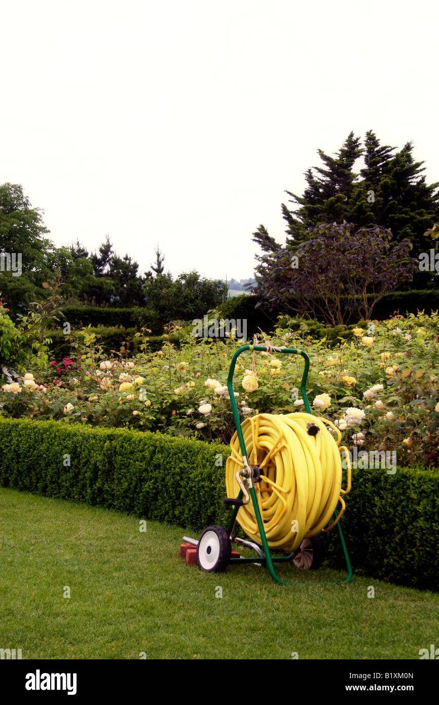 Enrouleur de tuyau à côté d'une haie et Rose Garden. RHS HYDE HALL UK ESSEX Banque D'Images