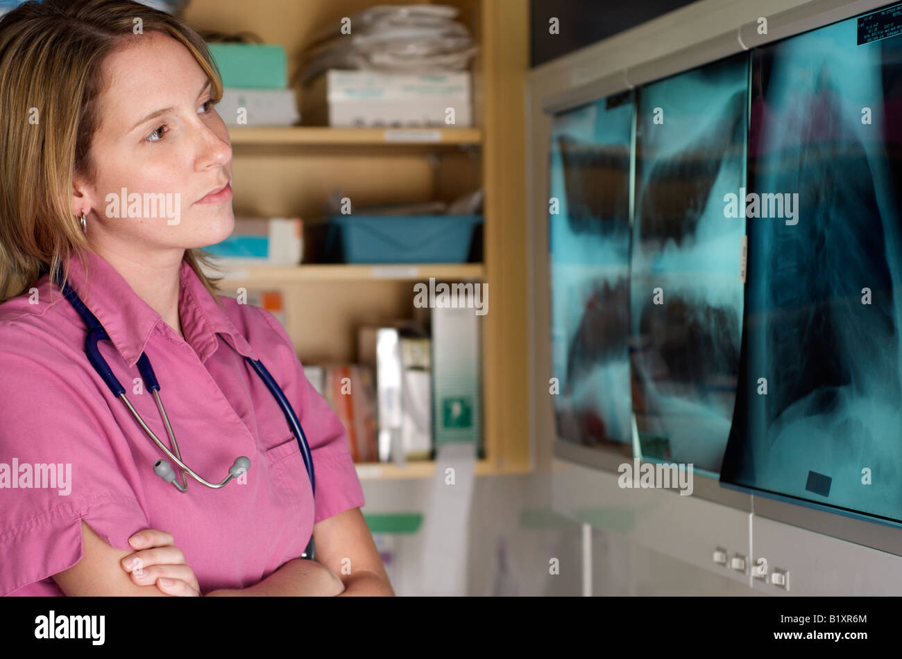 Dans scrubs infirmier stéthoscope avec examen de Xray. Paramètre d'arrière-plan de l'hôpital. Banque D'Images