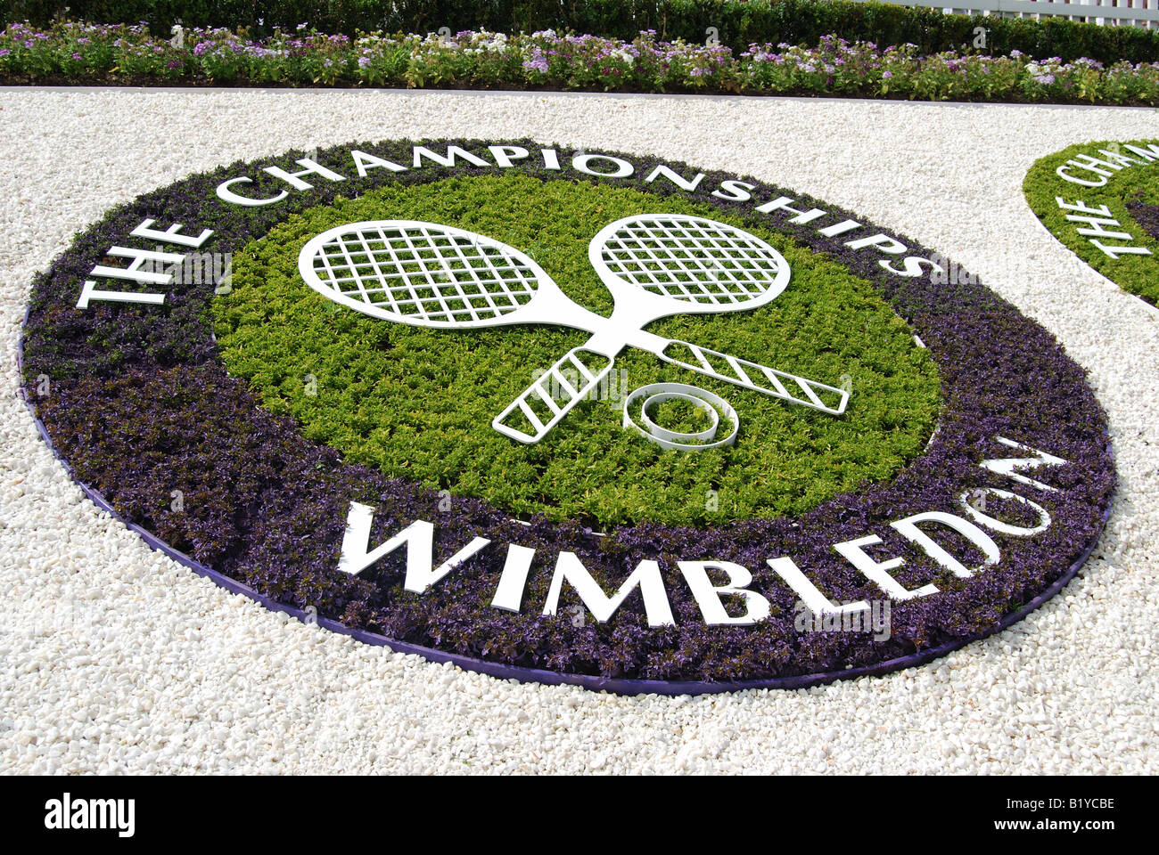 Logo Wimbledon sur Henman Hill, les Championnats, Wimbledon, Merton Borough, Greater London, Angleterre, Royaume-Uni Banque D'Images