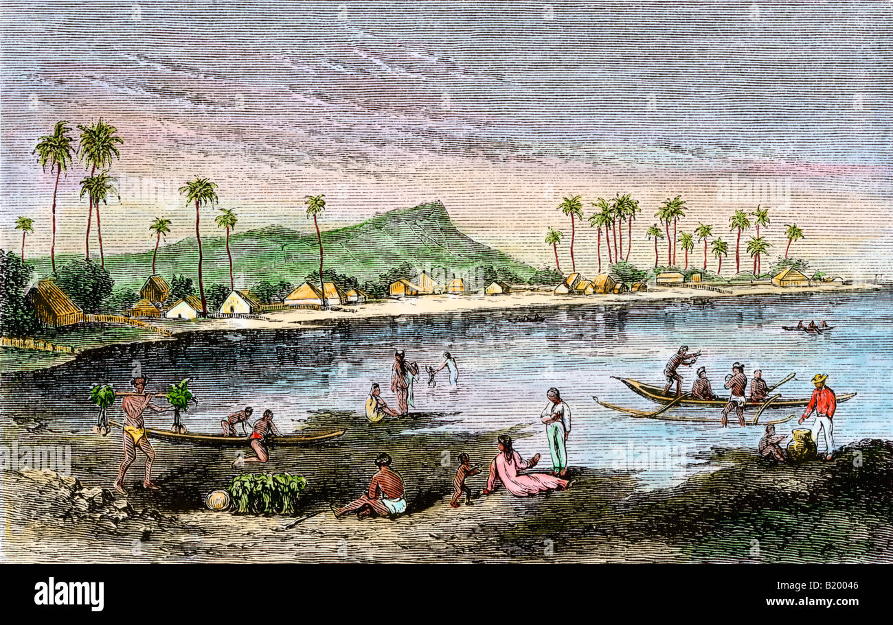 Diamond Head et Waikiki, dans les îles Hawaï 1870. À la main, gravure sur bois Banque D'Images