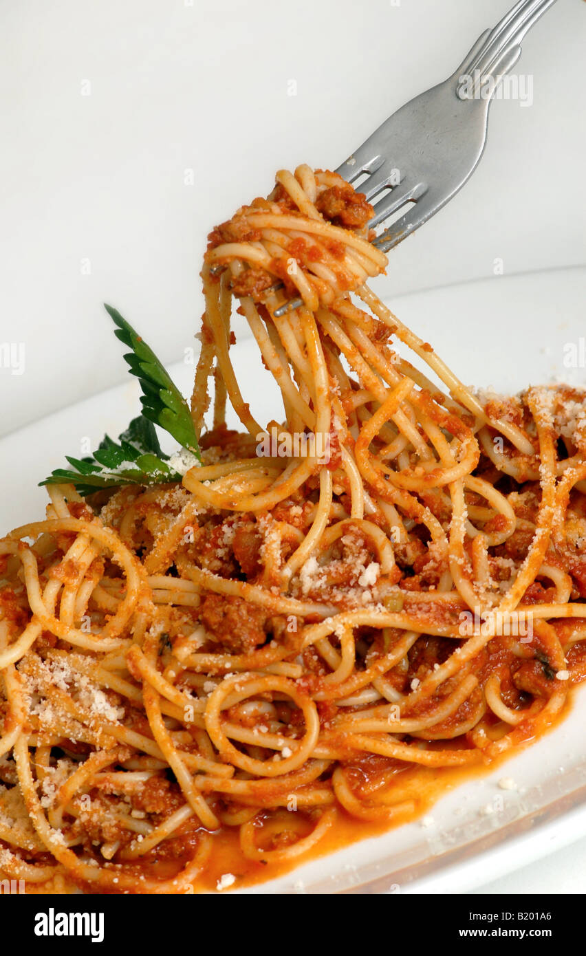 Spaghettis à la bolognaise sur une plaque blanche avec une fourchette Banque D'Images