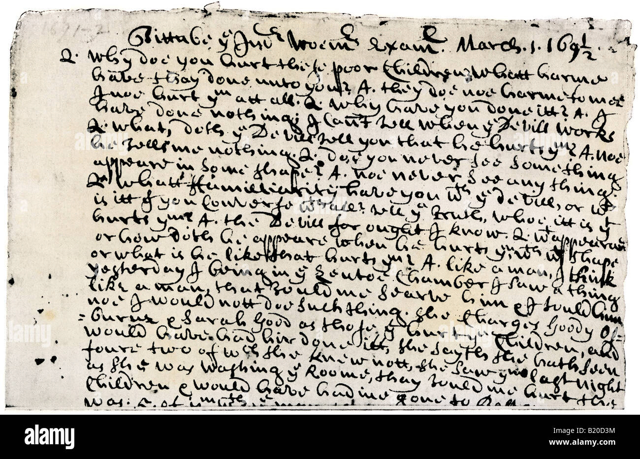 Notice de Tituba témoignages au procès de sorcellerie de Salem années 1690. Gravure sur bois avec un lavage à l'aquarelle Banque D'Images