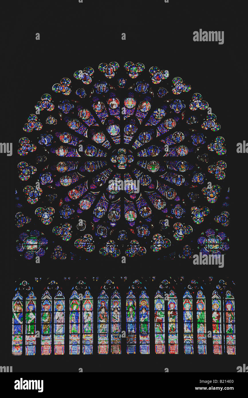 Intérieur de la Cathédrale Notre Dame du vitrail Rosace transcept Paris France Europe UE Banque D'Images
