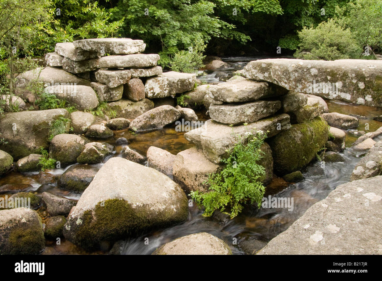 Les vestiges d'un ancien clapper bridge sur la rivière Dart à Pixie's Holt, Dartmoor Banque D'Images