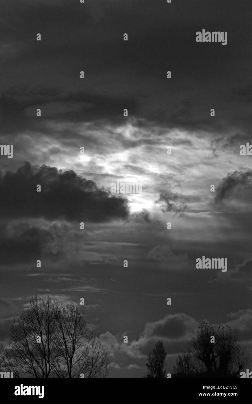 Ciel gris menaçant avec faible soleil d'hiver au-dessus des arbres à feuilles caduques Banque D'Images